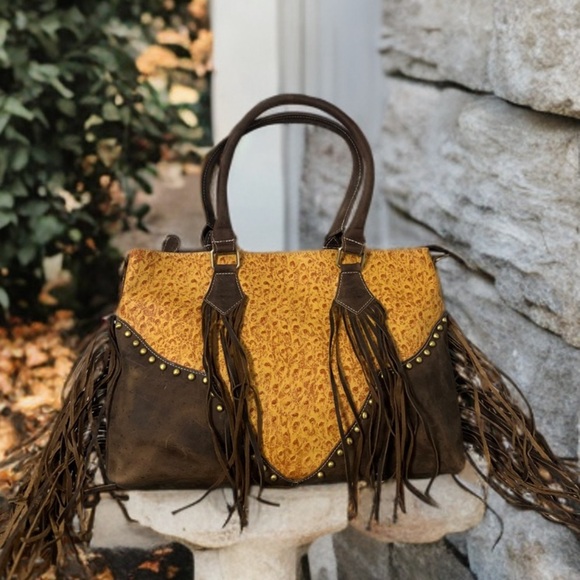 New Fall Western Genuine Ostrich Embossed Leather Rustic Crazy Horse Bag Fringe - Picture 4 of 16